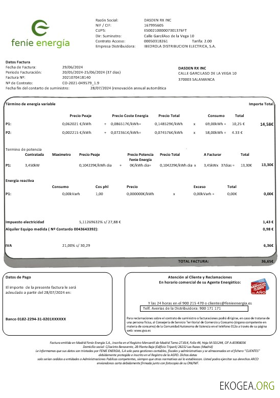 Modèle de facture de services publics d'entreprise Espagne Feníe Energía aux formats Word et PDF